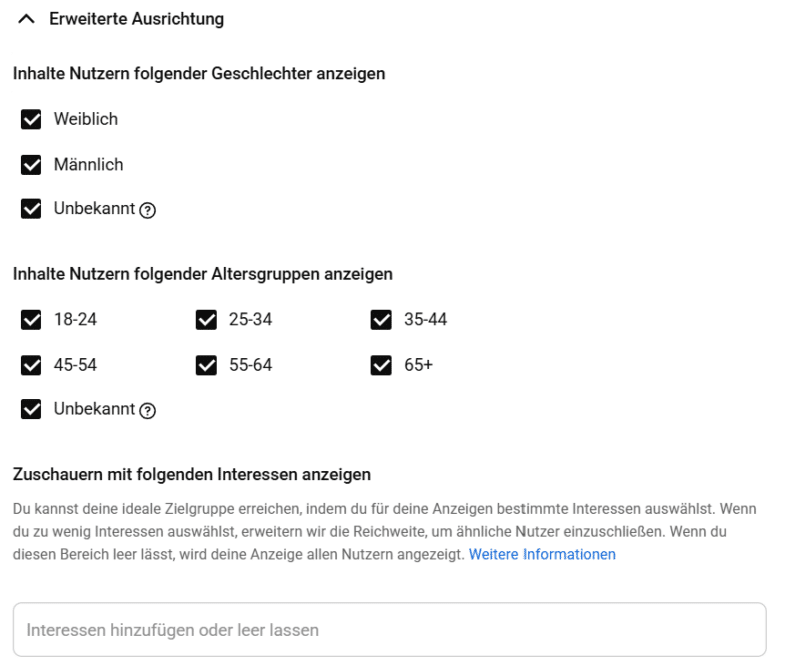 Geschlecht und Alter Zielgruppe YouTube Werbung