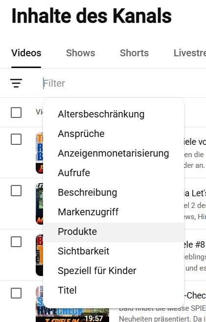 Filter-Leiste Produkte in YouTube