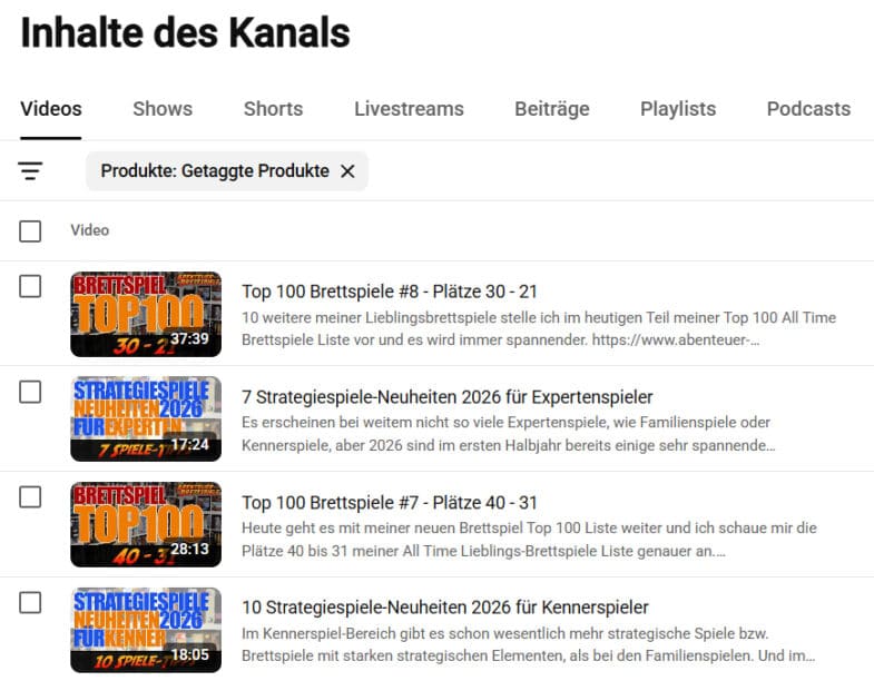 Liste der Videos mit Produkten